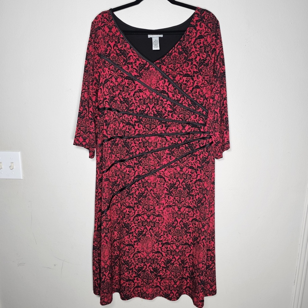 Catherines Womens 1X Red Black Floral 3/4 Sleeve Shift Dress Holiday Festive